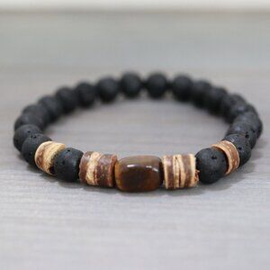 Tiger Eye Square Gemstone with Black Round Lava Beads Adjustable Bracelet